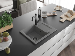 Mexen Enzo 1-bowl granite sink with drainer and Carla kitchen tap, grey - 6506-71-670700-70-B