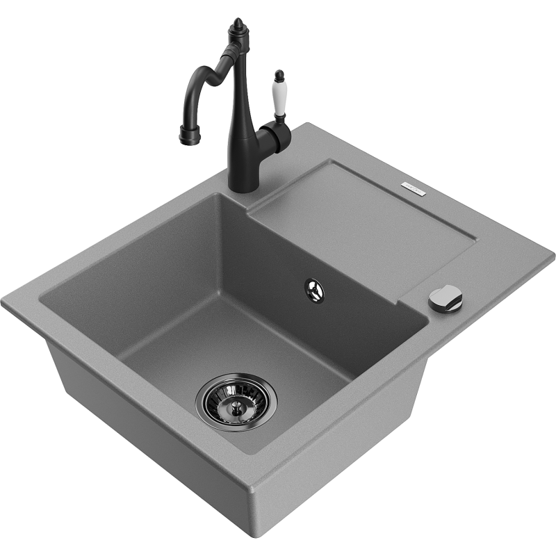 Mexen Enzo lava-loiça de granito com uma bacia e escorredor e torneira de cozinha Carla, cinza - 6506-71-670700-70-B