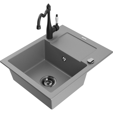 Mexen Enzo 1-bowl granite sink with drainer and Carla kitchen tap, grey - 6506-71-670700-70-B