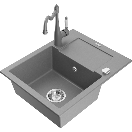 Mexen Enzo granitno pomivalno korito z eno komoro z odcejalnikom in kuhinjsko pipo Carla, sivo - 6506-71-670700-71