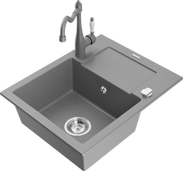 Mexen Enzo single bowl granite sink with drainer and Carla kitchen tap, grey - 6506-71-670700-71