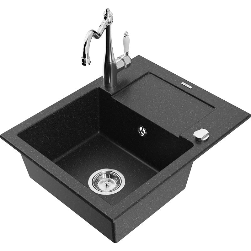 Mexen Enzo lava-louça de granito 1-cuba com escorredor e torneira de cozinha Carla, preto/prateado metálico