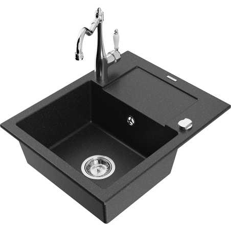 Mexen Enzo granite kitchen sink 1-bowl with drainer and Carla kitchen tap, black/silver metallic - 6506-73-670700-00
