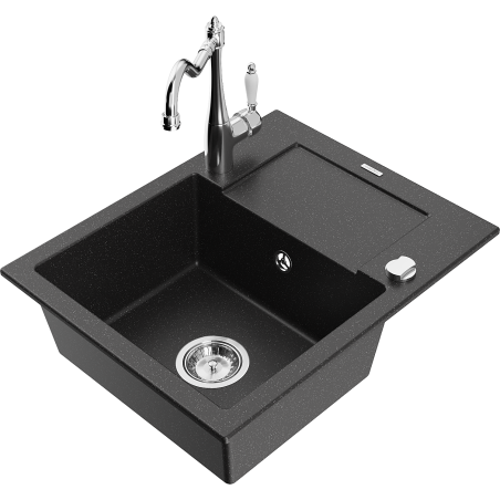 Mexen Enzo granite kitchen sink single-bowl with drainer and Carla kitchen faucet, black/silver metallic - 6506-73-670700-00