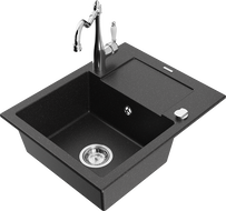 Mexen Enzo granite kitchen sink 1-bowl with drainer and Carla kitchen tap, black/silver metallic - 6506-73-670700-00