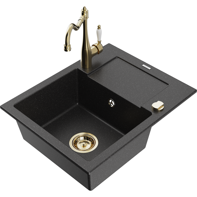 Mexen Enzo granieten spoelbak met 1 bak en afdruiprek en Carla keukenkraan, zwart/zilver metallic - 6506-73-670700-50