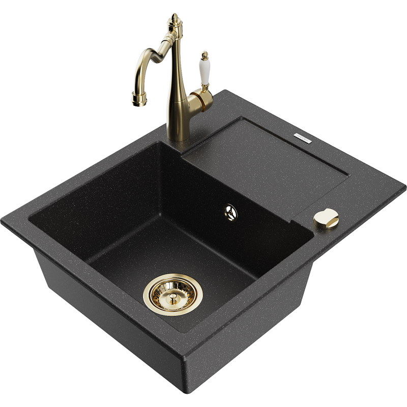 Mexen Enzo lava-louça de granito de 1 bacia com escorredor e torneira de cozinha Carla, preto/metálico prateado