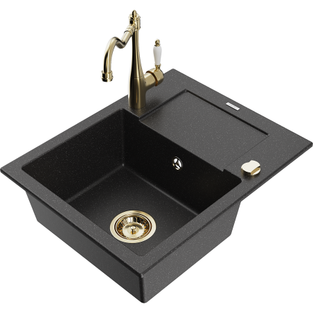 Mexen Enzo granieten spoelbak met 1 bak en afdruiprek en Carla keukenkraan, zwart/zilver metallic - 6506-73-670700-50