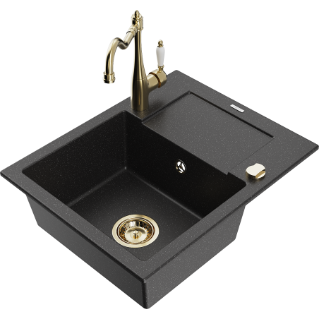 Mexen Enzo granite sink 1-bowl with drainer and kitchen faucet Carla, black/silver metallic - 6506-73-670700-50
