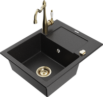 Mexen Enzo granite sink 1-bowl with drainer and Carla kitchen tap, black/silver metallic - 6506-73-670700-50