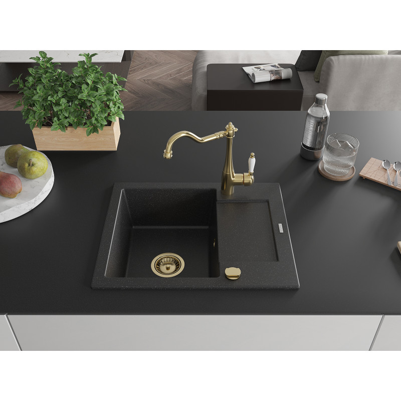 Mexen Enzo Granitspüle mit 1 Becken, Abtropffläche und Küchenarmatur Carla, schwarz/silber Metallic - 6506-73-670700-50