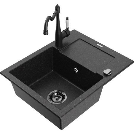 Mexen Enzo granite kitchen sink single-bowl with drainer and Carla kitchen faucet, black/silver metallic - 6506-73-670700-70-B