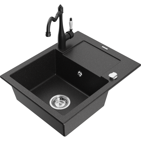 Mexen Enzo granite sink 1-basin with drainer and Carla kitchen tap, black/silver metallic - 6506-73-670700-70