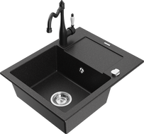 Mexen Enzo granite sink 1-basin with drainer and Carla kitchen tap, black/silver metallic - 6506-73-670700-70
