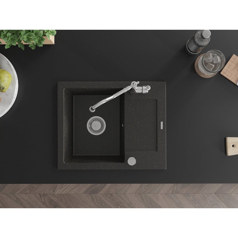 Mexen Enzo évier de cuisine en granit 1 bac avec égouttoir et robinet de cuisine Carla, noir/or métallique - 6506-75-670700-00