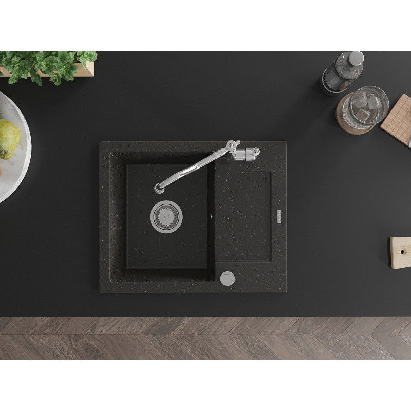 Mexen Enzo granite kitchen sink 1-bowl with drainer and Carla kitchen tap, black/golden metallic - 6506-75-670700-00