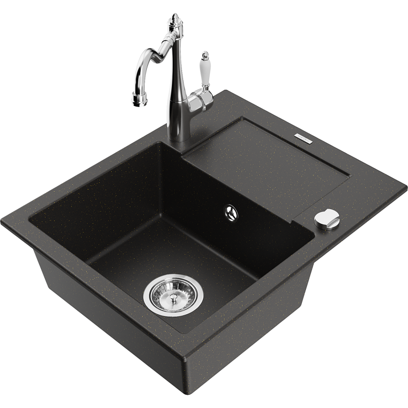 Mexen Enzo granite kitchen sink 1-bowl with drainer and Carla kitchen tap, black/golden metallic - 6506-75-670700-00