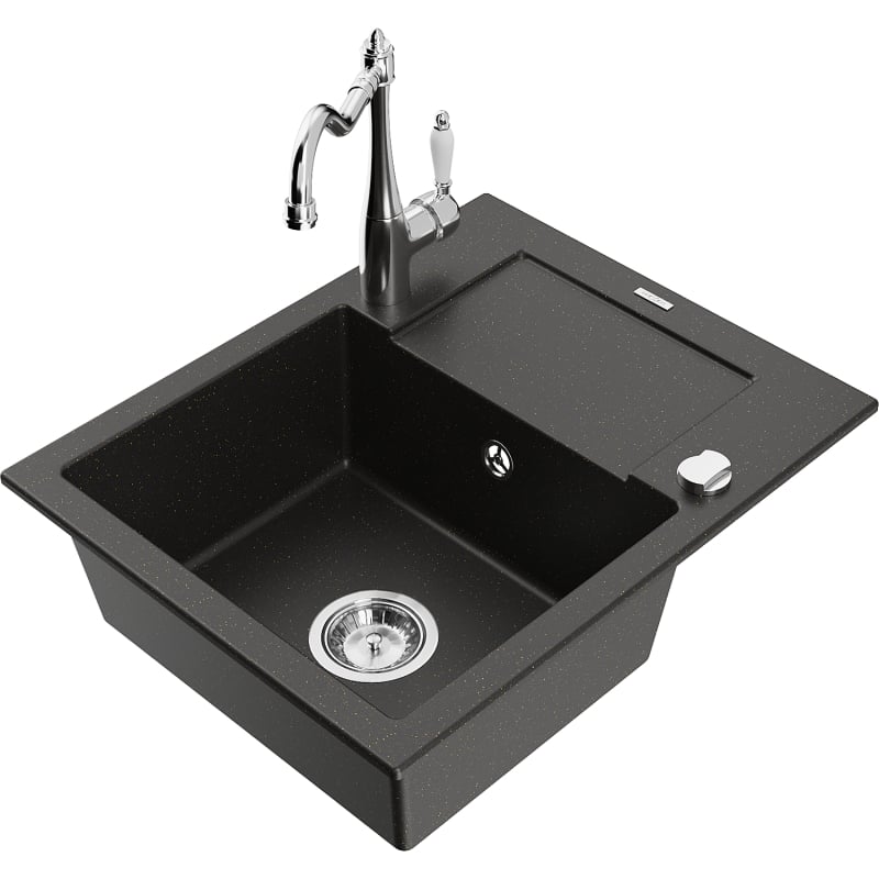 Mexen Enzo granite kitchen sink single-bowl with drainer and kitchen faucet Carla, black/gold metallic - 6506-75-670700-00