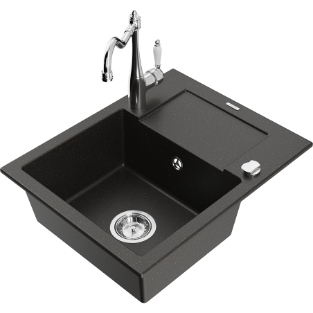 Mexen Enzo granite kitchen sink 1-bowl with drainer and Carla kitchen tap, black/golden metallic - 6506-75-670700-00