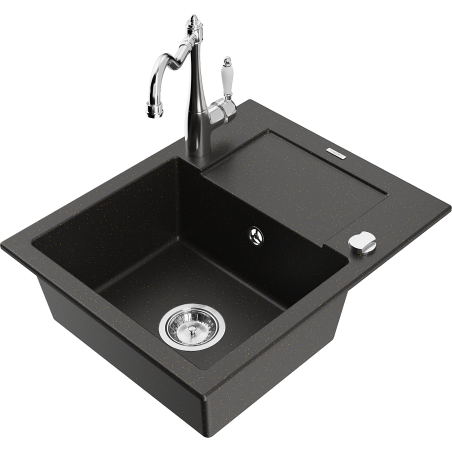 Mexen Enzo granite kitchen sink single-bowl with drainer and kitchen faucet Carla, black/gold metallic - 6506-75-670700-00