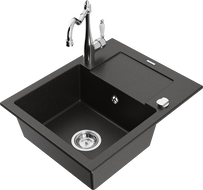 Mexen Enzo granite kitchen sink 1-bowl with drainer and Carla kitchen tap, black/golden metallic - 6506-75-670700-00