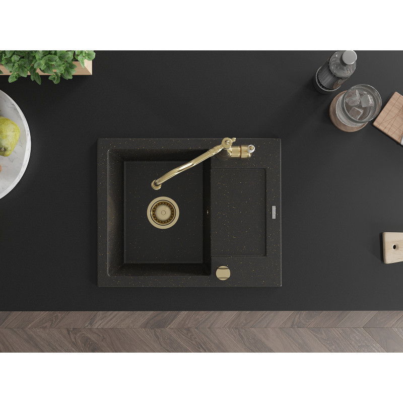 Mexen Enzo 1-Bowl Granite Kitchen Sink with Drainer and Carla Mixer Tap, Black/Gold Metallic - 6506-75-670700-50