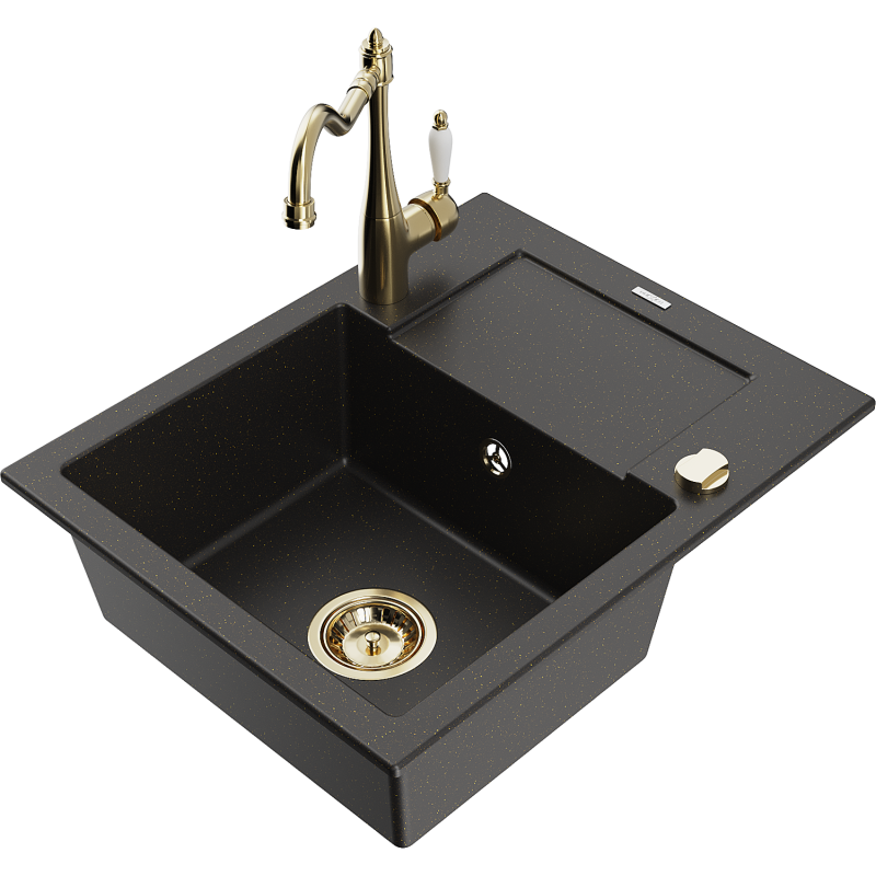 Mexen Enzo 1-Bowl Granite Kitchen Sink with Drainer and Carla Mixer Tap, Black/Gold Metallic - 6506-75-670700-50