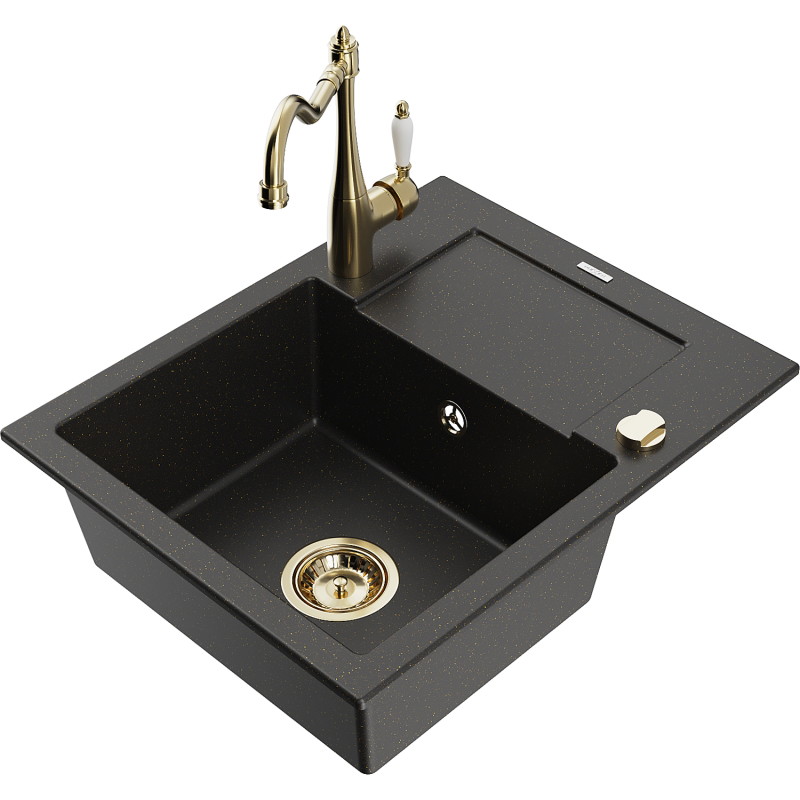 Mexen Enzo fregadero de granito de 1 tazón con escurridor y grifo de cocina Carla, negro/oro metalizado - 6506-75-670700-50