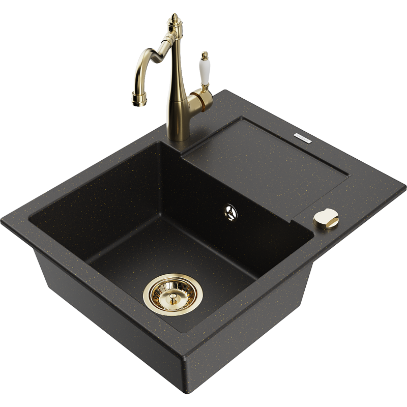 Mexen Enzo granieten spoelbak met 1 bak en afdruiprek en keukenkraan Carla, zwart/goud metallic - 6506-75-670700-50