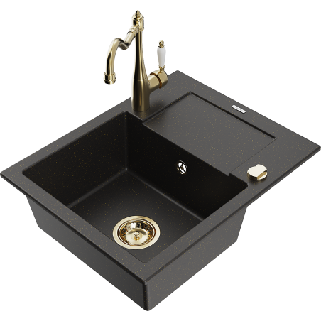 Mexen Enzo granieten spoelbak met 1 bak en afdruiprek en keukenkraan Carla, zwart/goud metallic - 6506-75-670700-50