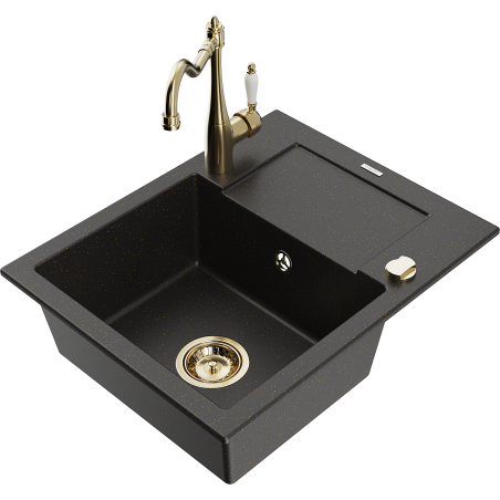 Mexen Enzo granite kitchen sink 1-bowl with drainer and kitchen faucet Carla, black/gold metallic - 6506-75-670700-50
