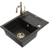 Mexen Enzo granite kitchen sink 1-bowl with drainer and kitchen faucet Carla, black/gold metallic - 6506-75-670700-50
