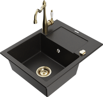 Mexen Enzo granieten spoelbak met 1 bak en afdruiprek en keukenkraan Carla, zwart/goud metallic - 6506-75-670700-50