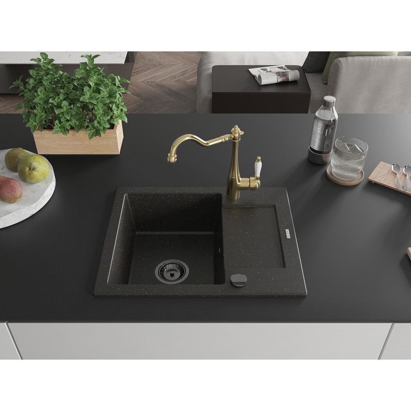 Mexen Enzo granitische spoelbak 1-komorig met afdruiprek en keukenkraan Carla, zwart/gouden metallic - 6506-75-670700-50-B