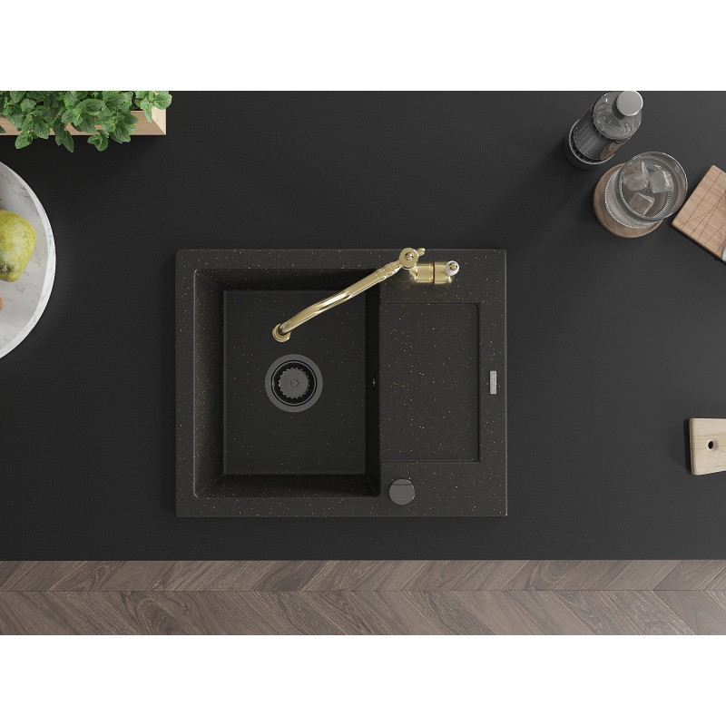 Mexen Enzo fregadero de granito de 1 cubeta con escurridor y grifo de cocina Carla, negro/oro metálico - 6506-75-670700-50-B