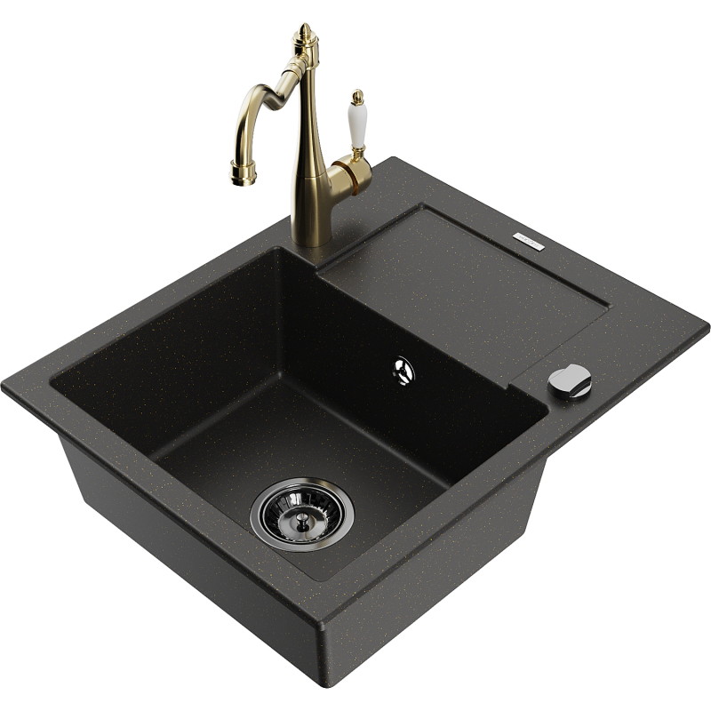 Mexen Enzo fregadero de granito de 1 cubeta con escurridor y grifo de cocina Carla, negro/oro metálico - 6506-75-670700-50-B