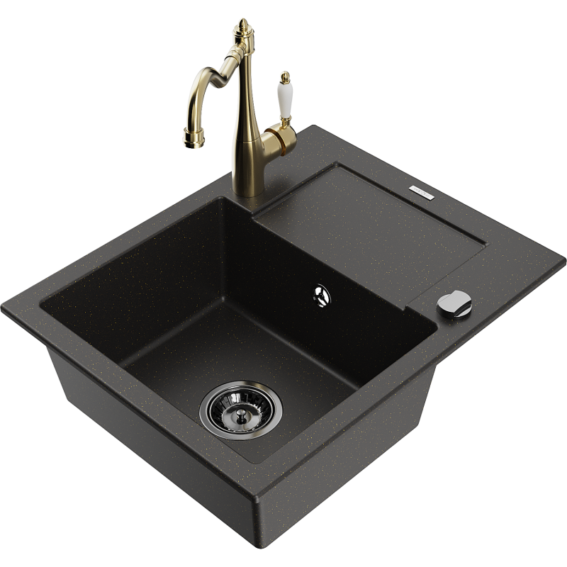 Mexen Enzo granite sink 1-bowl with drainer and kitchen tap Carla, black/gold metallic - 6506-75-670700-50-B