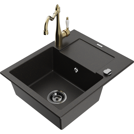 Mexen Enzo 1-bowl granite sink with drainer and kitchen faucet Carla, black/golden metallic - 6506-75-670700-50-B