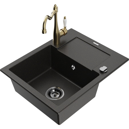 Mexen Enzo granite sink 1-bowl with drainer and kitchen tap Carla, black/gold metallic - 6506-75-670700-50-B