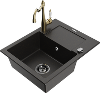 Mexen Enzo granite sink 1-bowl with drainer and kitchen tap Carla, black/gold metallic - 6506-75-670700-50-B