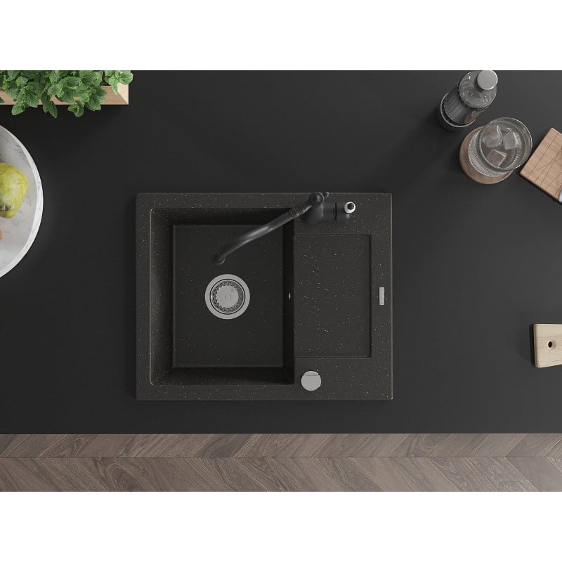 Mexen Enzo granieten spoelbak 1-kamer met afdruiprek en keukenkraan Carla, zwart/goud metallic - 6506-75-670700-70