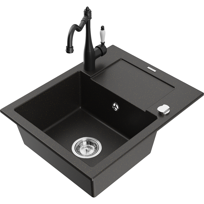 Mexen Enzo 1-bowl granite sink with drainer and Carla kitchen tap, black/gold metallic - 6506-75-670700-70
