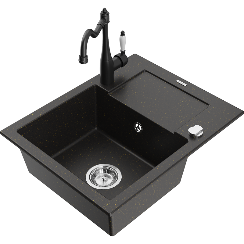 Mexen Enzo fregadero de granito de 1 seno con escurridor y grifo de cocina Carla, negro/dorado metálico - 6506-75-670700-70