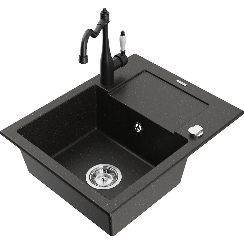 Mexen Enzo granit gootsteen 1-komoer met afdruiprek en keukenkraan Carla, zwart/goud metallic - 6506-75-670700-70