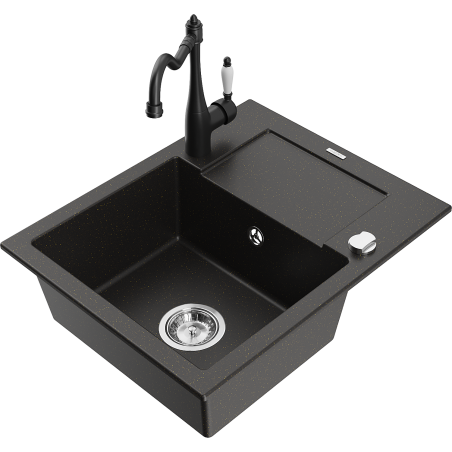 Mexen Enzo 1-bowl granite sink with drainer and Carla kitchen tap, black/gold metallic - 6506-75-670700-70