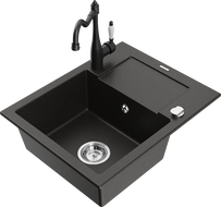 Mexen Enzo granite kitchen sink single-bowl with drainer and kitchen faucet Carla, black/gold metallic - 6506-75-670700-70