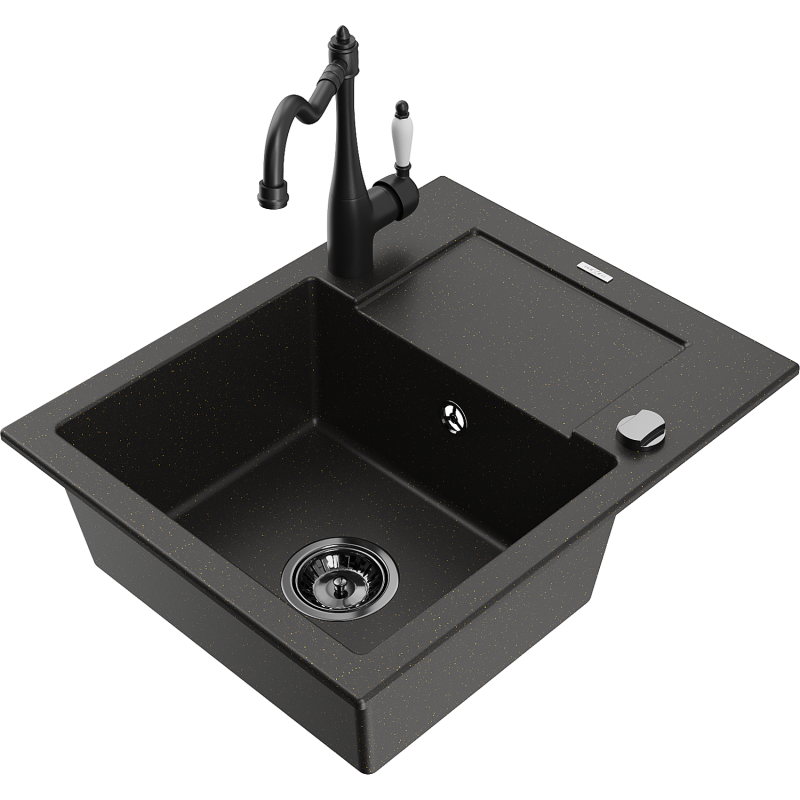 Mexen Enzo granite sink 1-bowl with drainer and Carla kitchen tap, black/gold metallic - 6506-75-670700-70-B