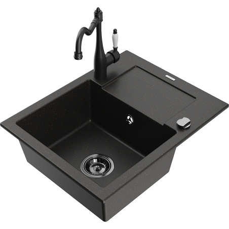 Mexen Enzo 1-Bowl Granite Sink with Drainer and Carla Kitchen Faucet, Black/Gold Metallic - 6506-75-670700-70-B