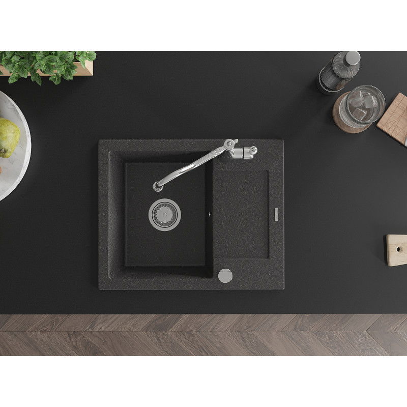 Mexen Enzo granite sink 1-bowl with drainer and Carla kitchen tap, black speckled - 6506-76-670700-00