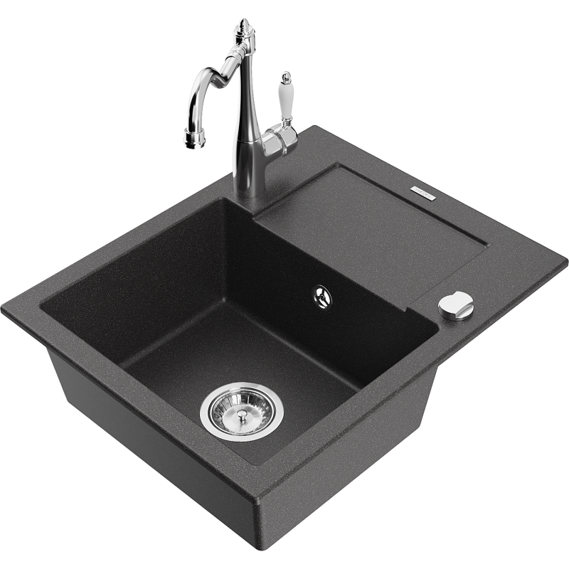 Mexen Enzo granitdiskho med en skål med avrinning och köksblandare Carla, svart med stänk - 6506-76-670700-00